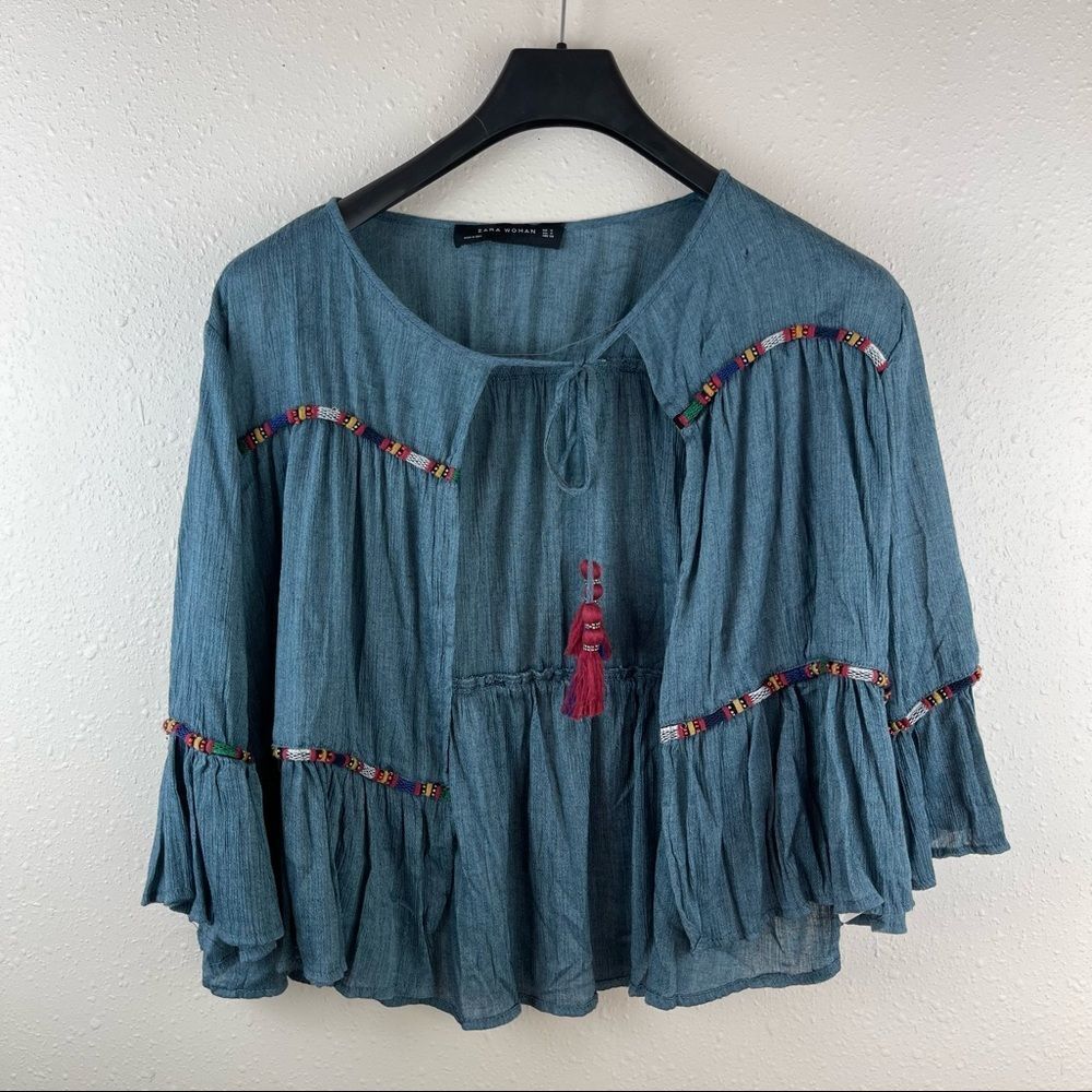 Zara Woman Boho Tiered Open Front Tassle Top Size Medium